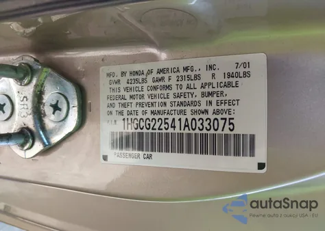 2001 Honda Accord 3.0 Ex from USA, damaged, VIN 1HGCG22541A033075